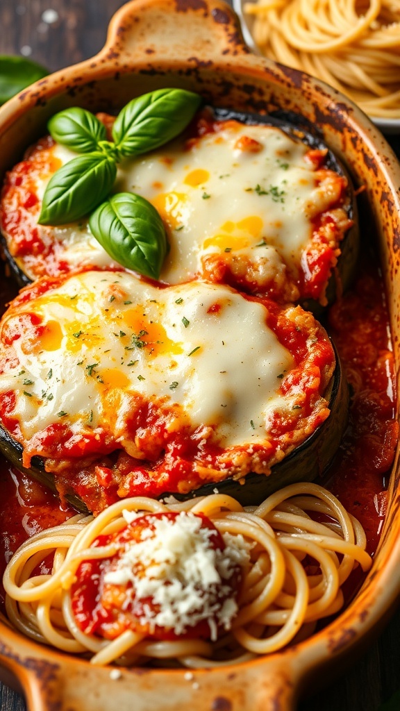 Baked Eggplant Parmesan with melted cheese and marinara sauce, garnished with basil, served with spaghetti.